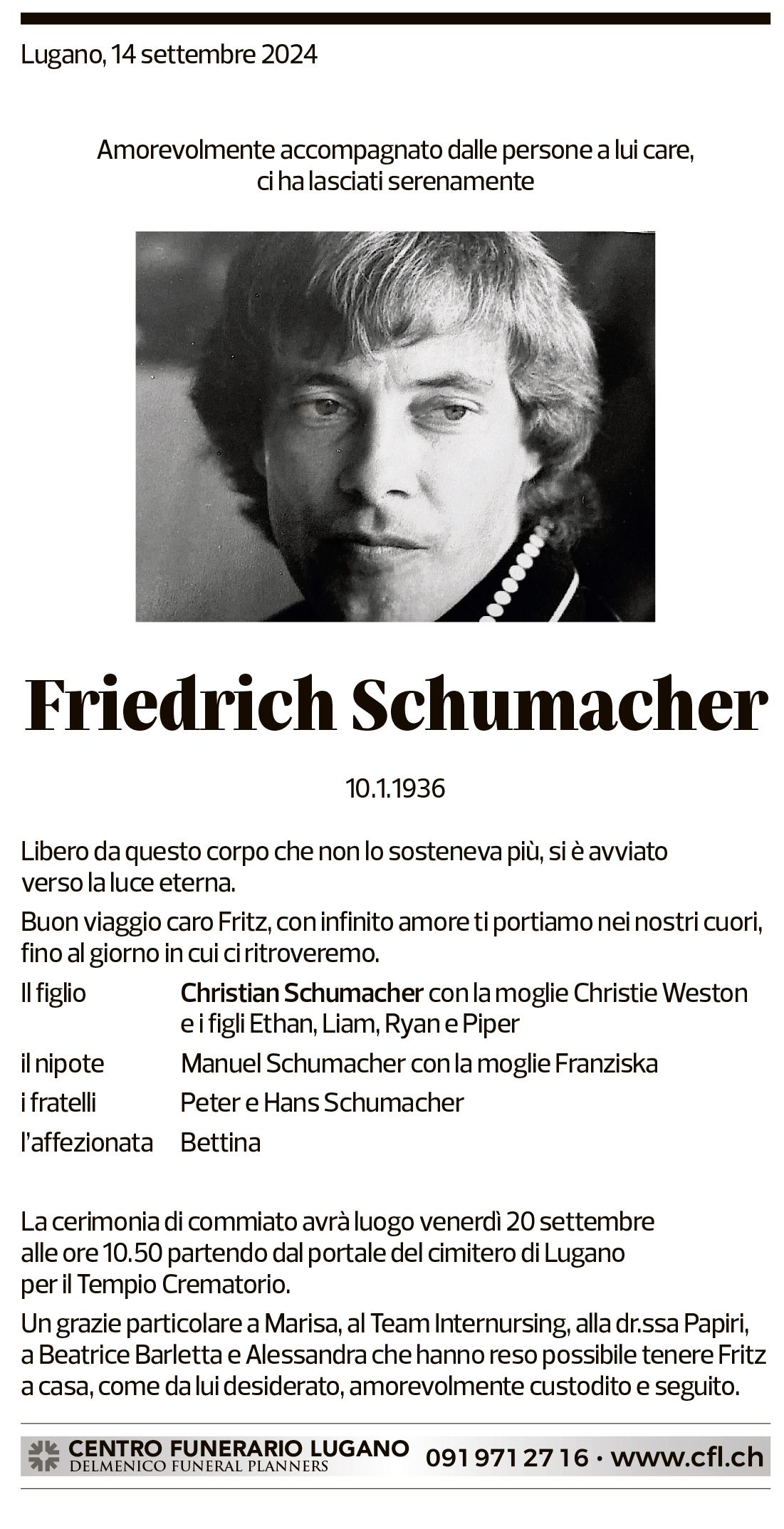 Annuncio funebre Friedrich Schumacher