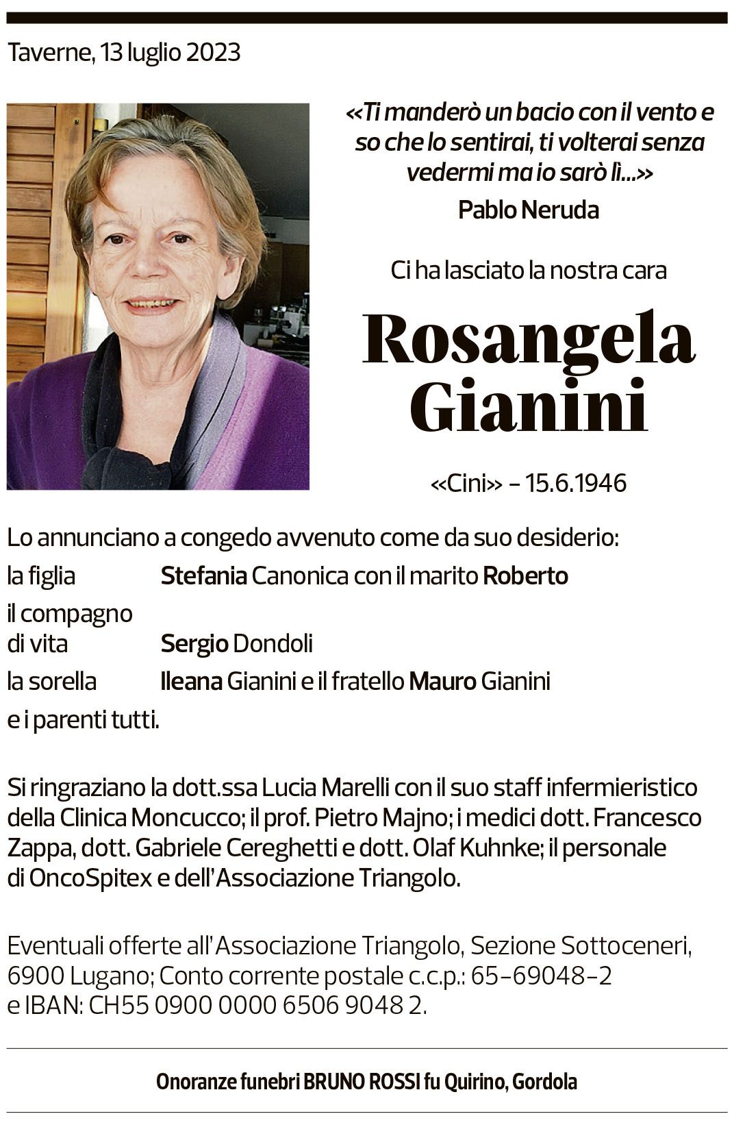 Annuncio funebre Rosangela Gianini