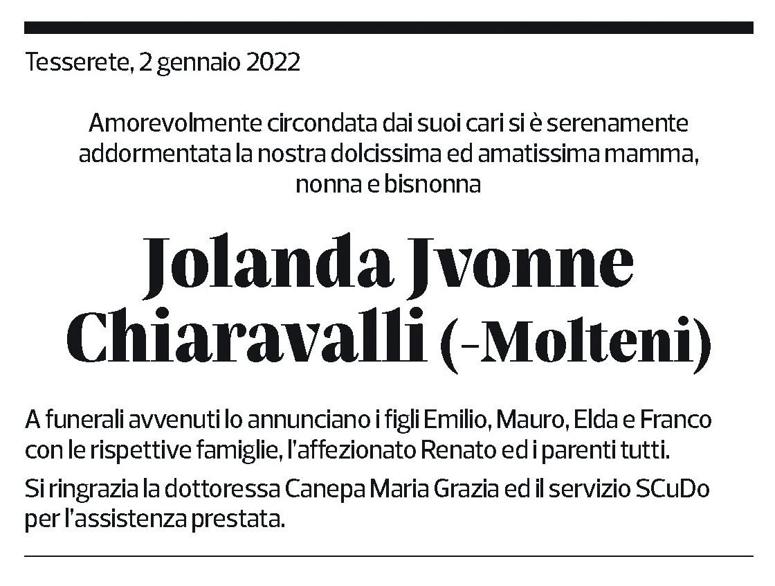 Annuncio funebre Jolanda Jvonne Chiaravalli (-molteni)