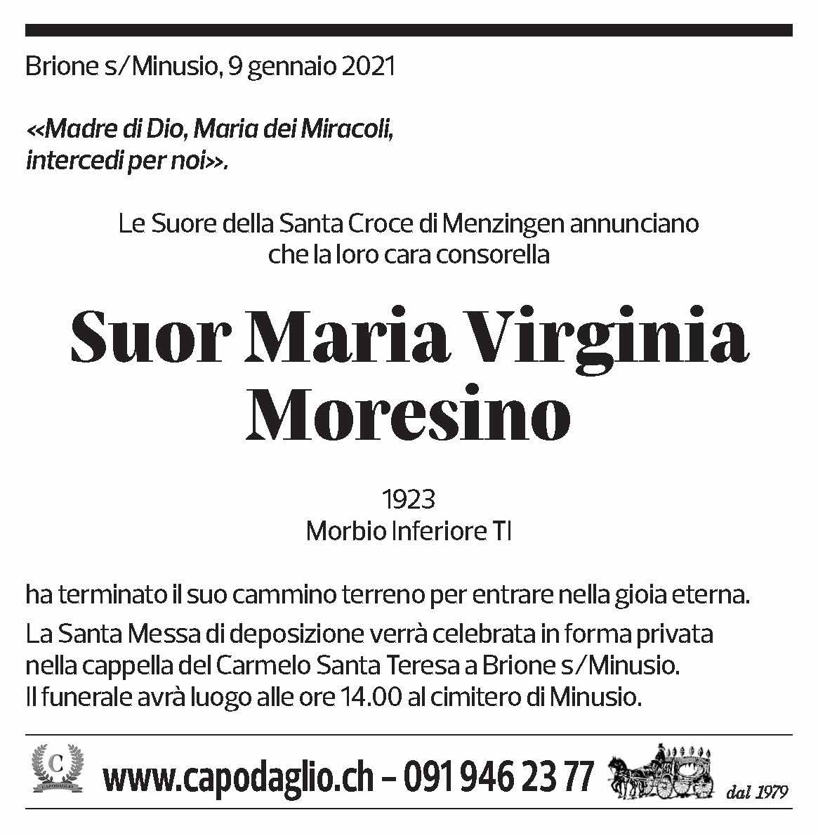 Annuncio funebre Sour Maria Virginia Moresino