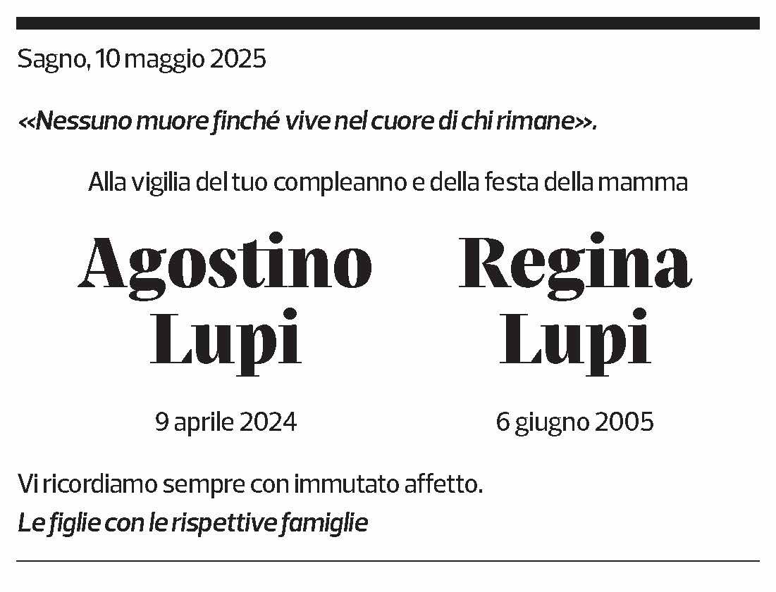 Annuncio funebre Agostino Lupi Regina Lupi