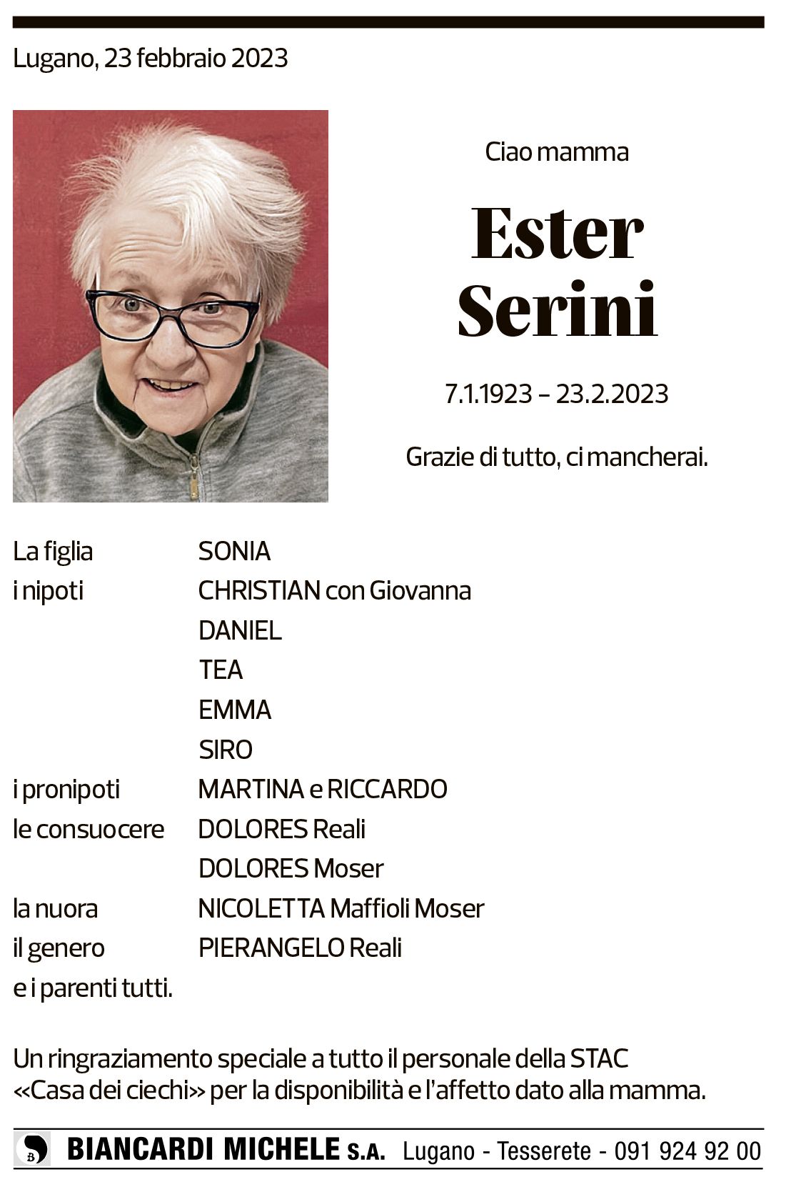 Annuncio funebre Ester Serini