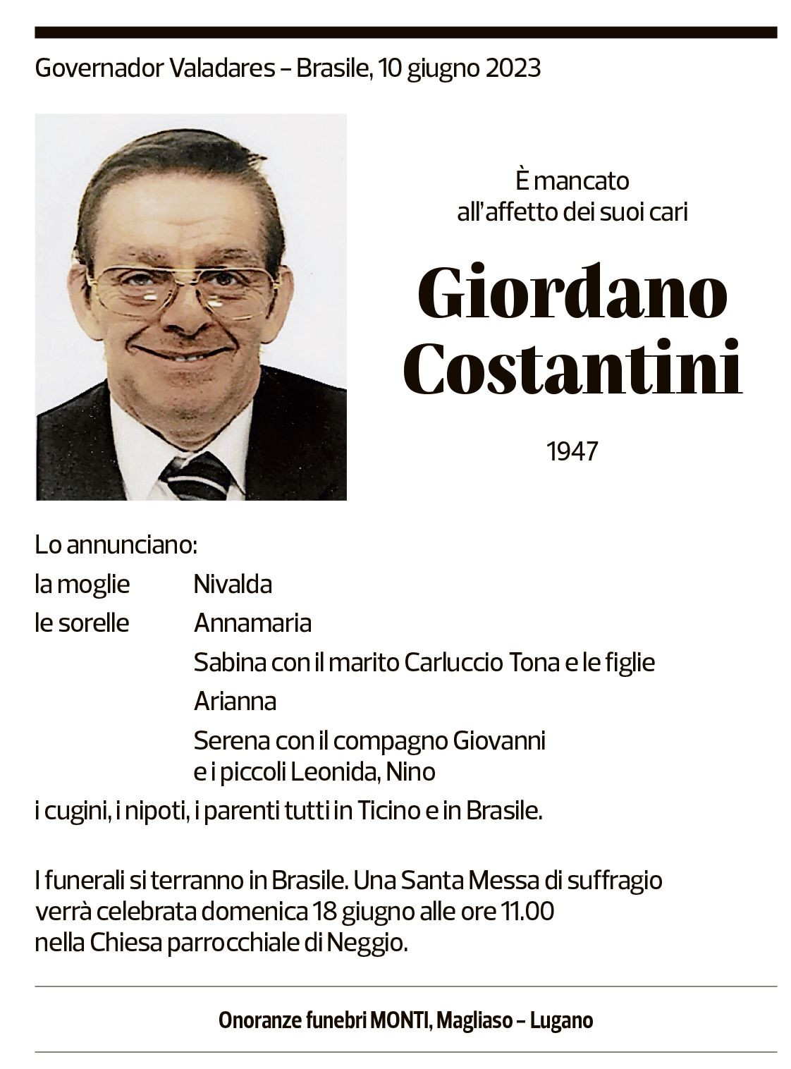 Annuncio funebre Giordano Costantini