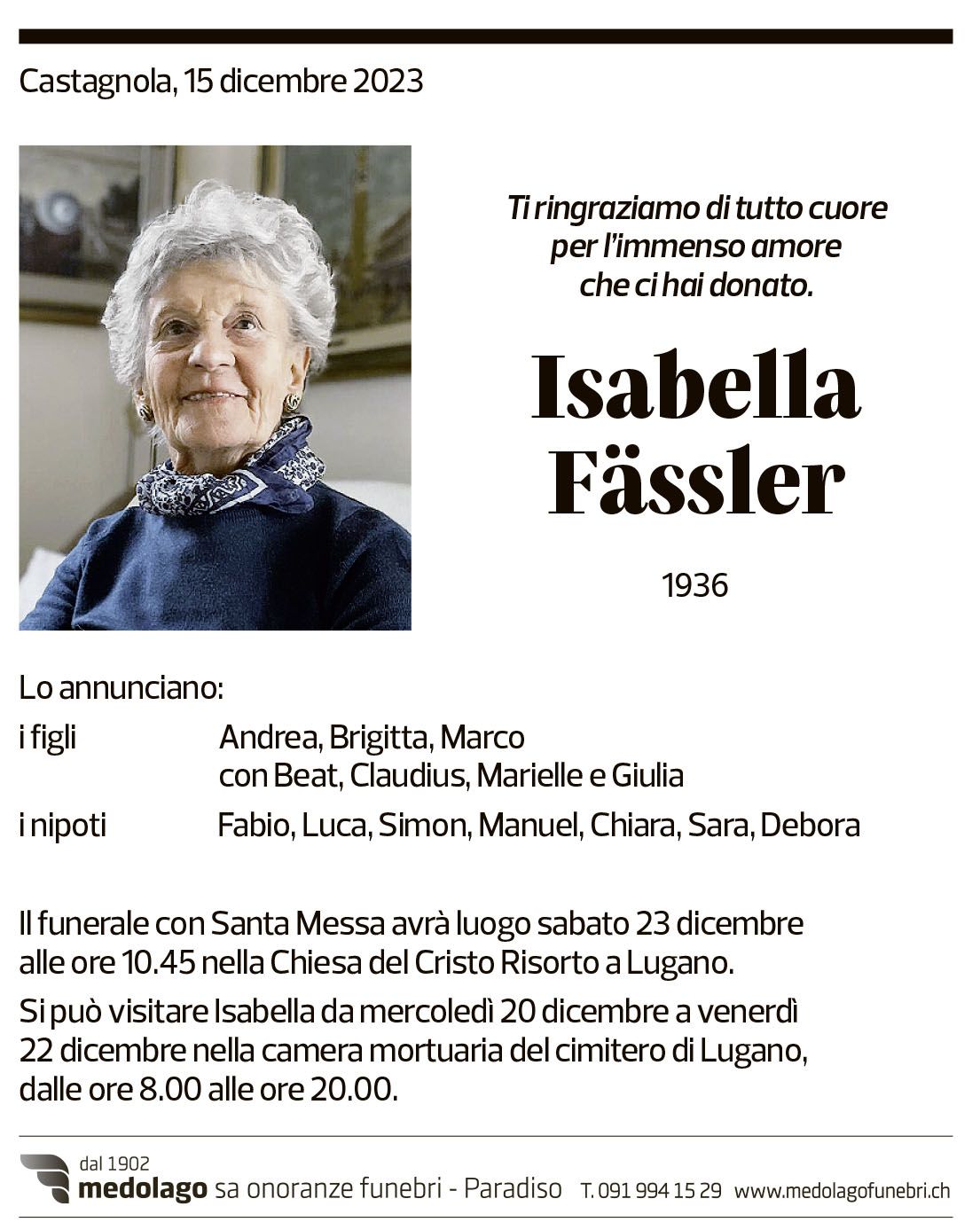 Annuncio funebre Isabella Fässler