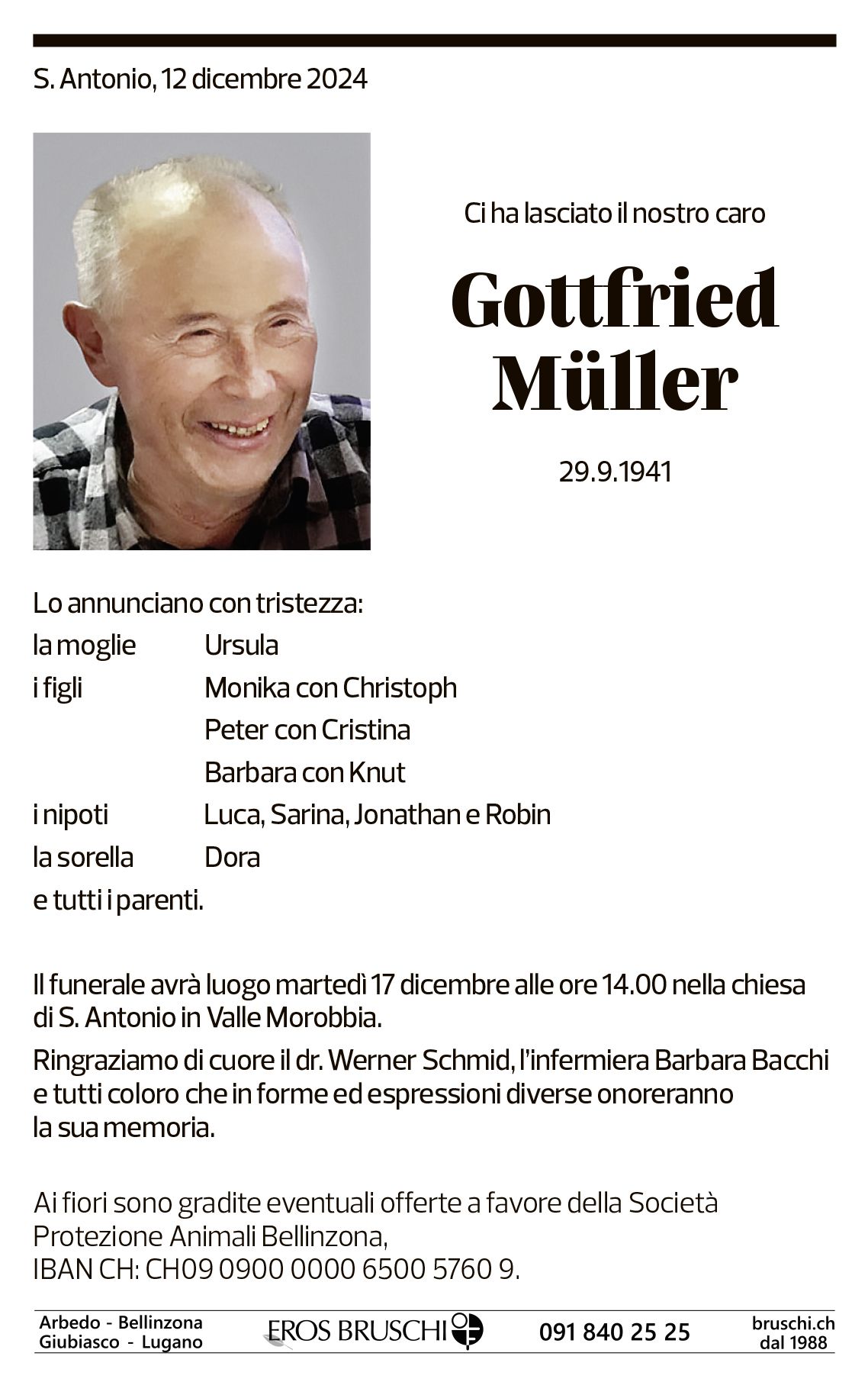 Annuncio funebre Gottfried Müller