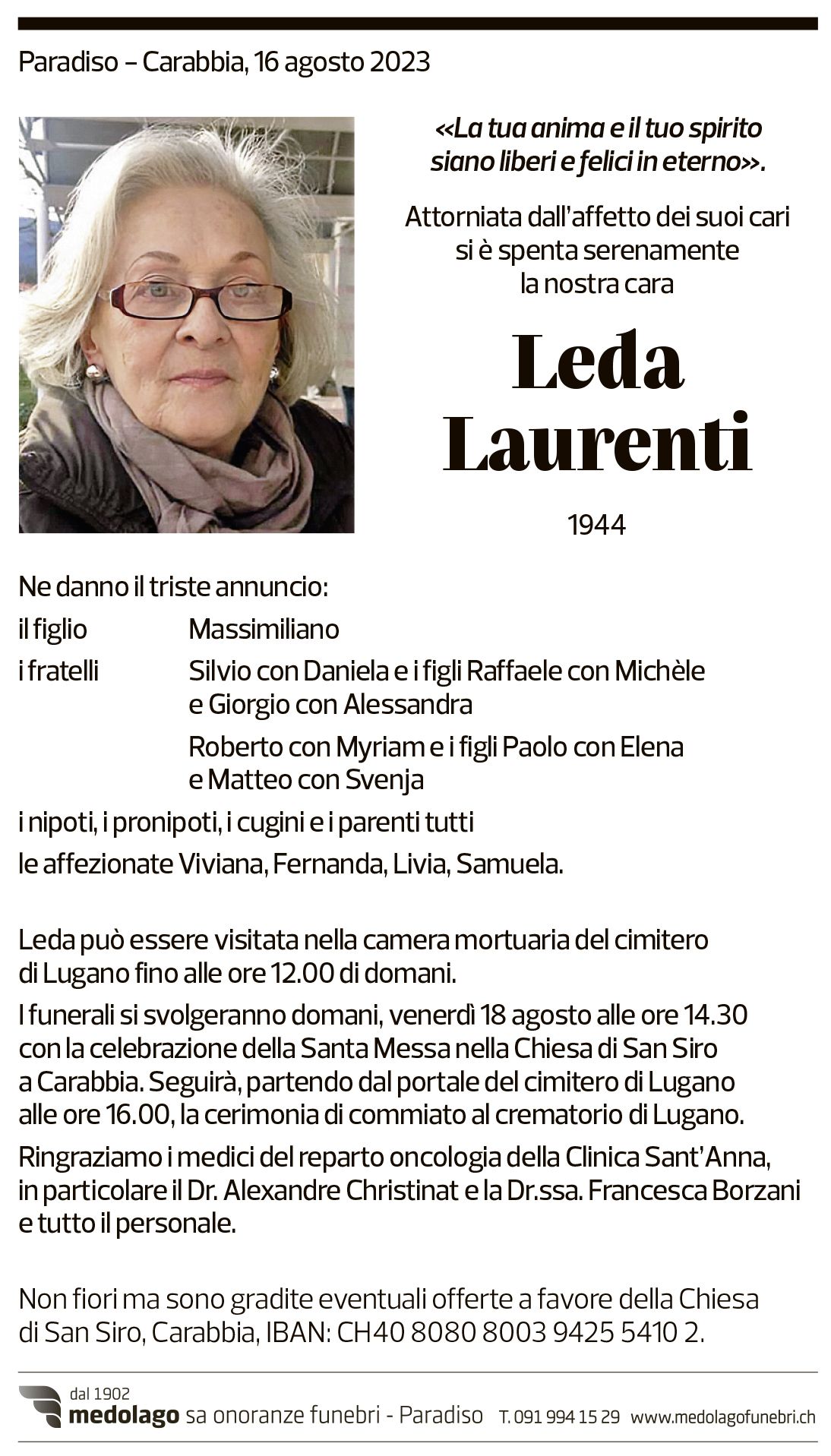 Annuncio funebre Leda Laurenti