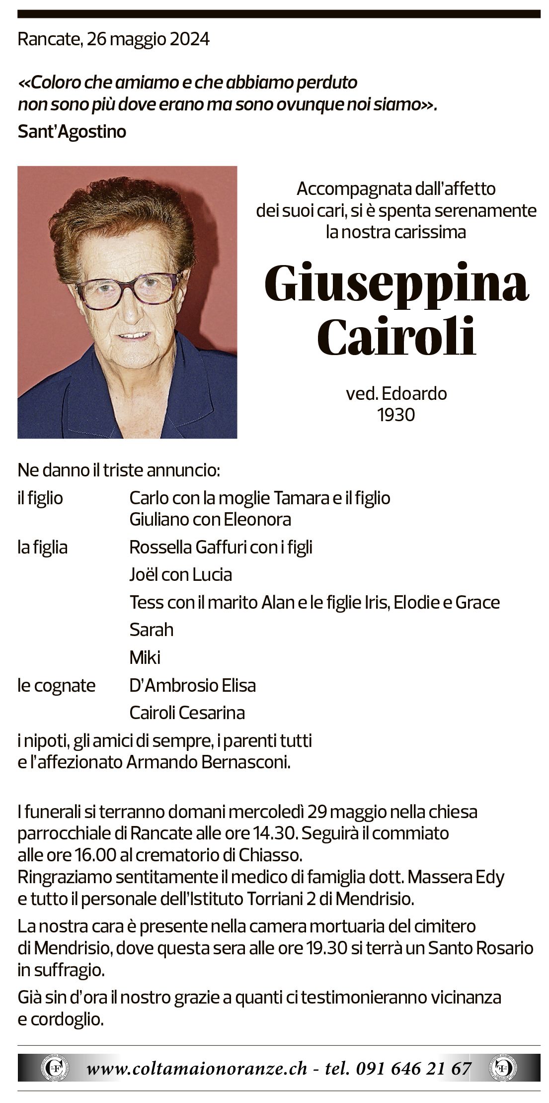 Annuncio funebre Giuseppina Cairoli