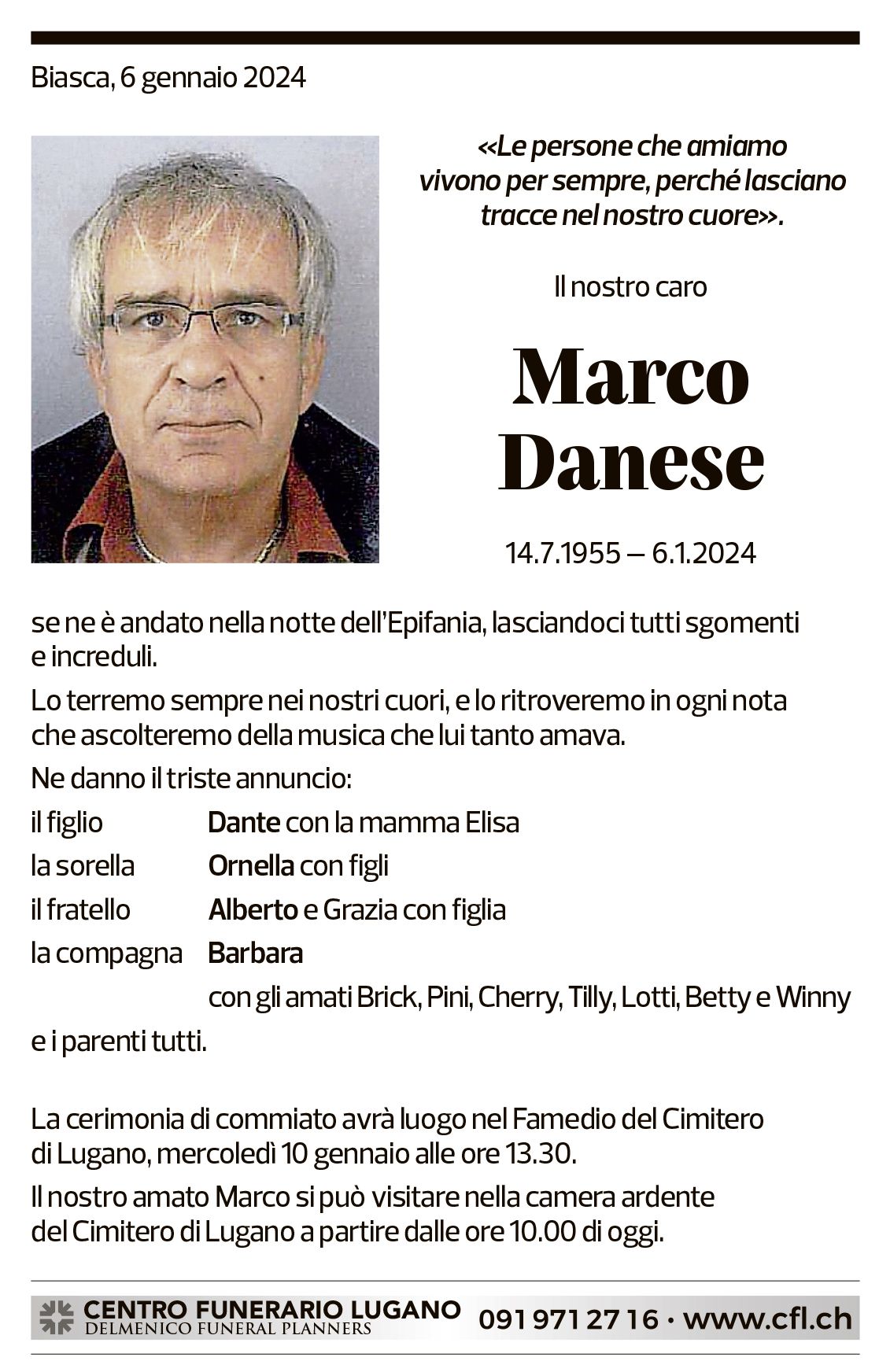 Annuncio funebre Marco Danese