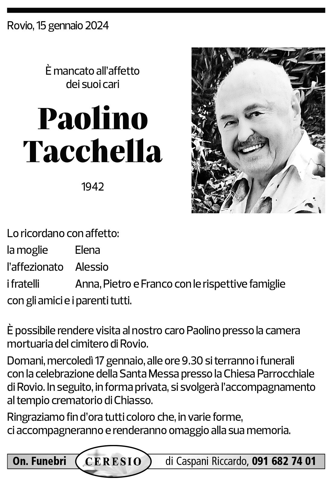 Annuncio funebre Paolino Tacchella