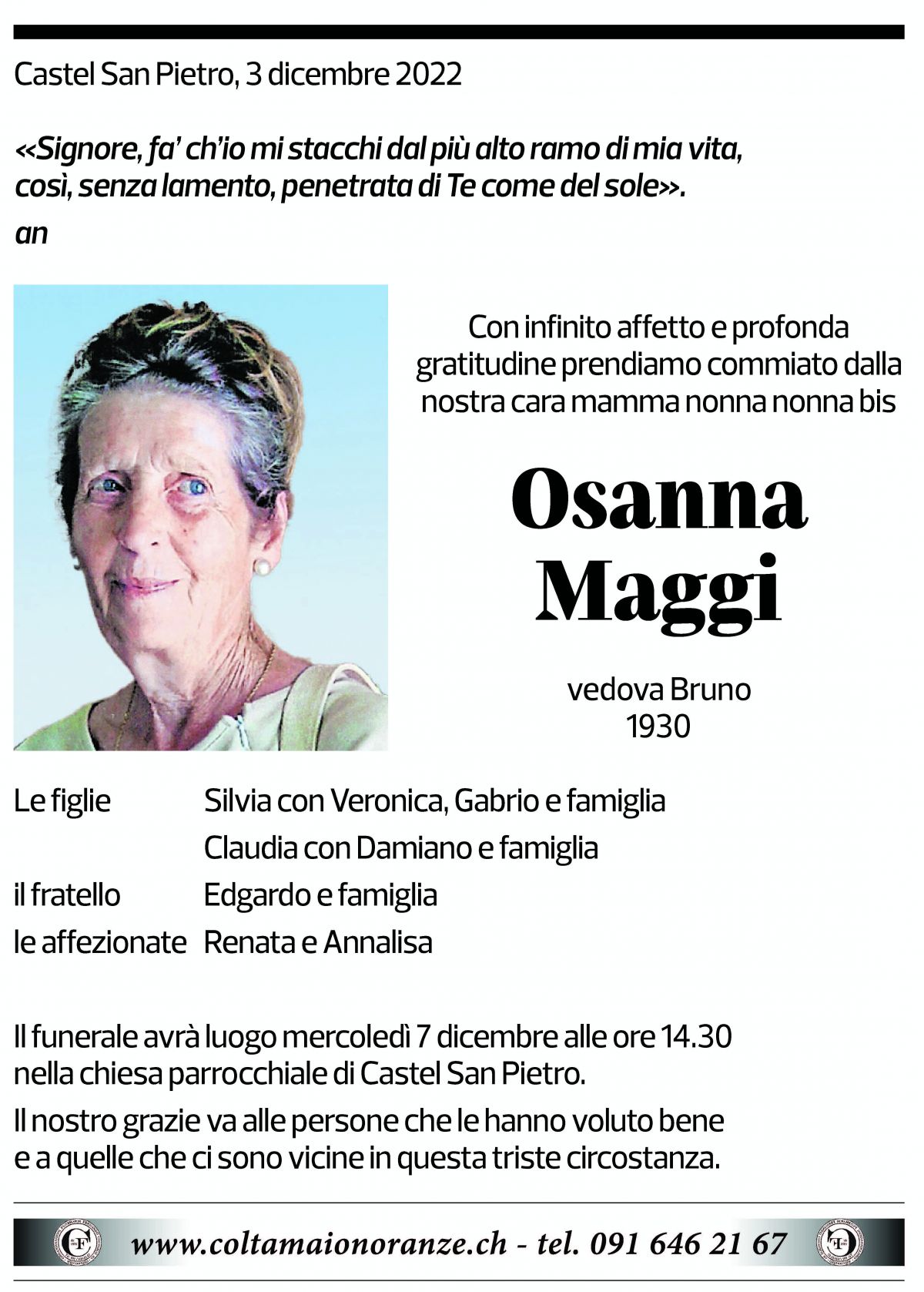 Annuncio funebre Osanna Maggi