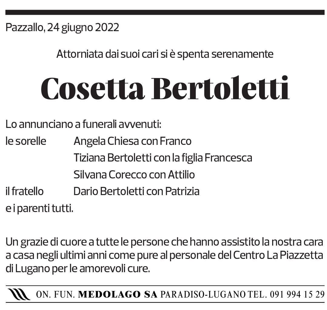 Annuncio funebre Cosetta Bertoletti