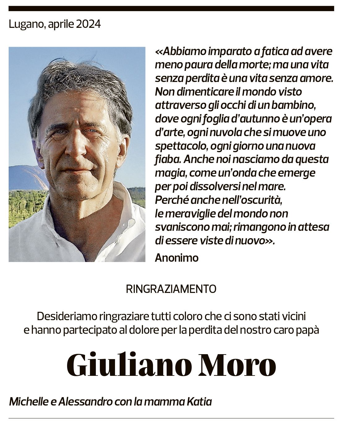 Annuncio funebre Giuliano Moro