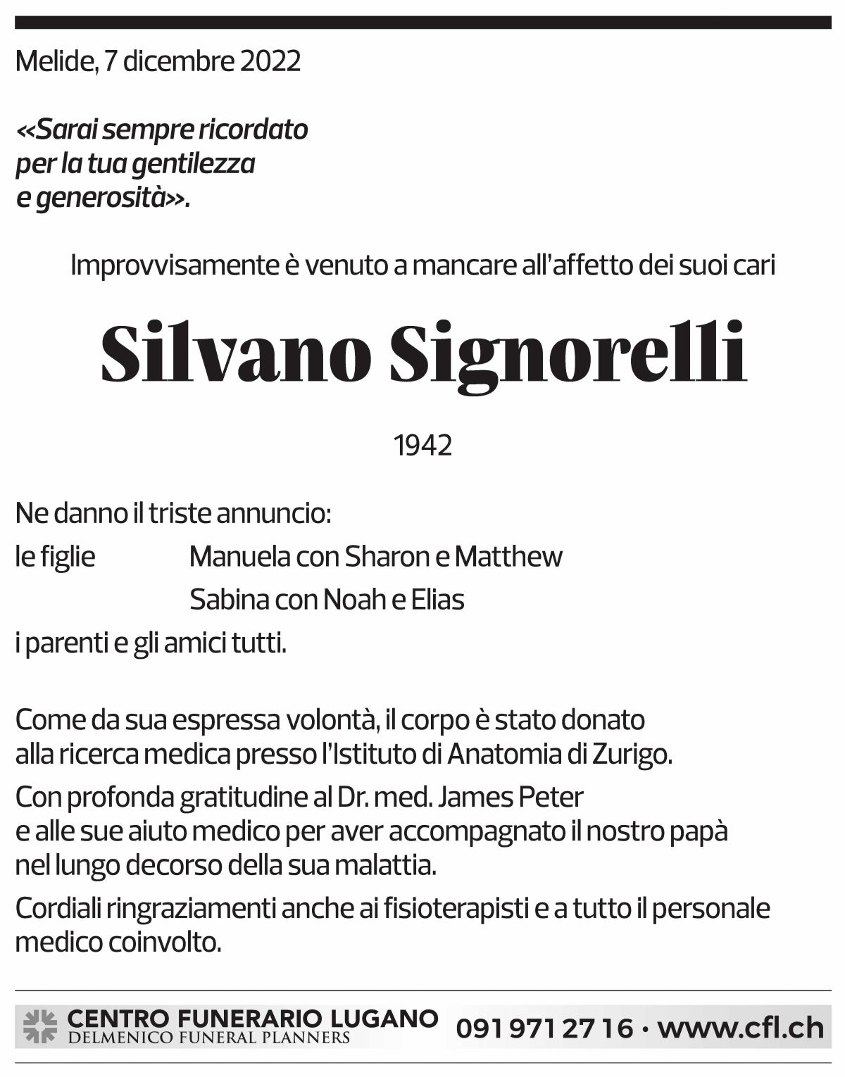 Annuncio funebre Silvano Signorelli