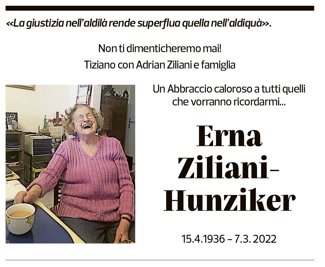 Annuncio funebre Erna Ziliani-hunziker