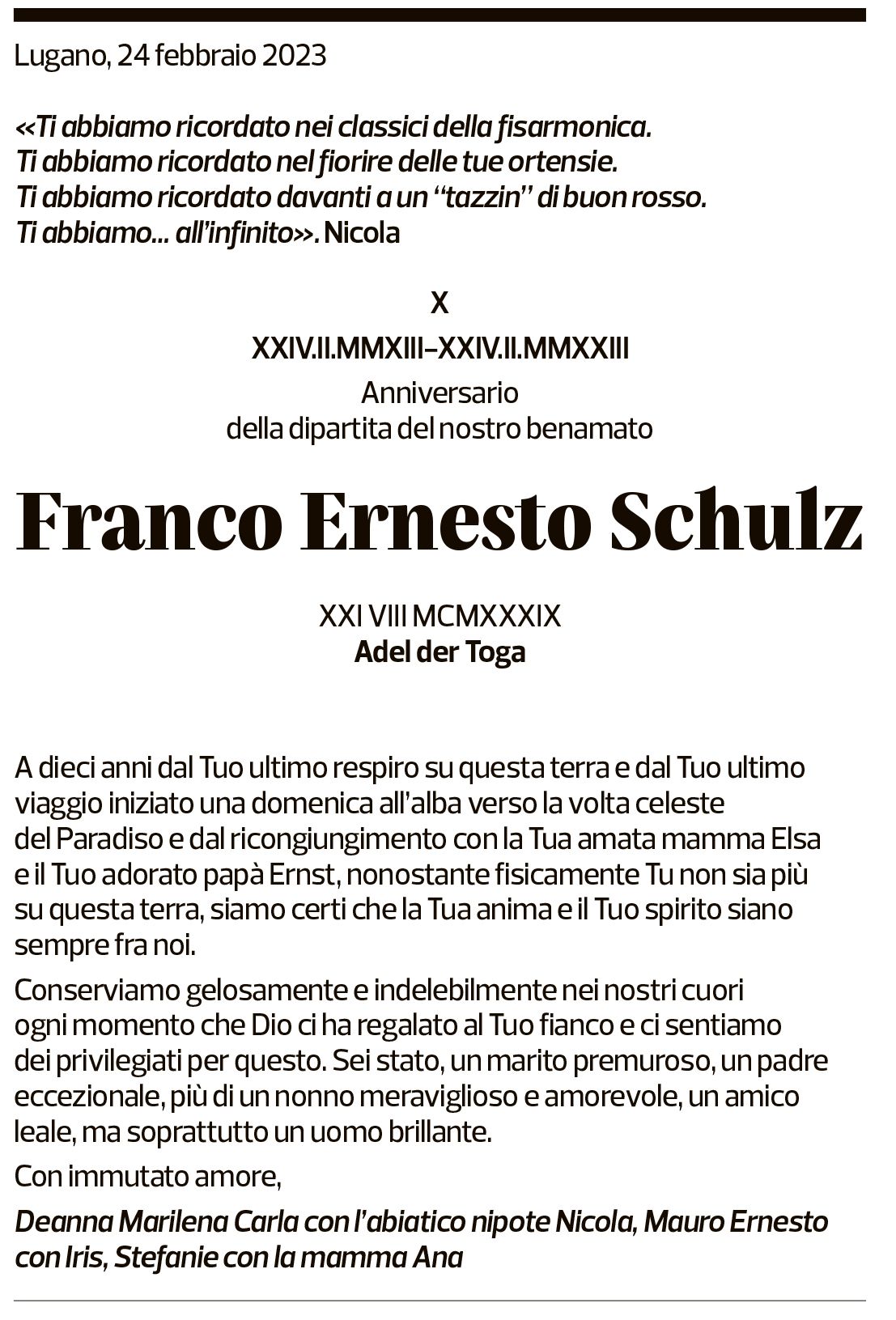 Annuncio funebre Franco Ernesto Schulz