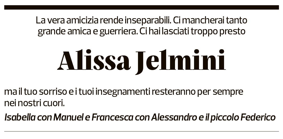 Annuncio funebre Alissa Jelmini