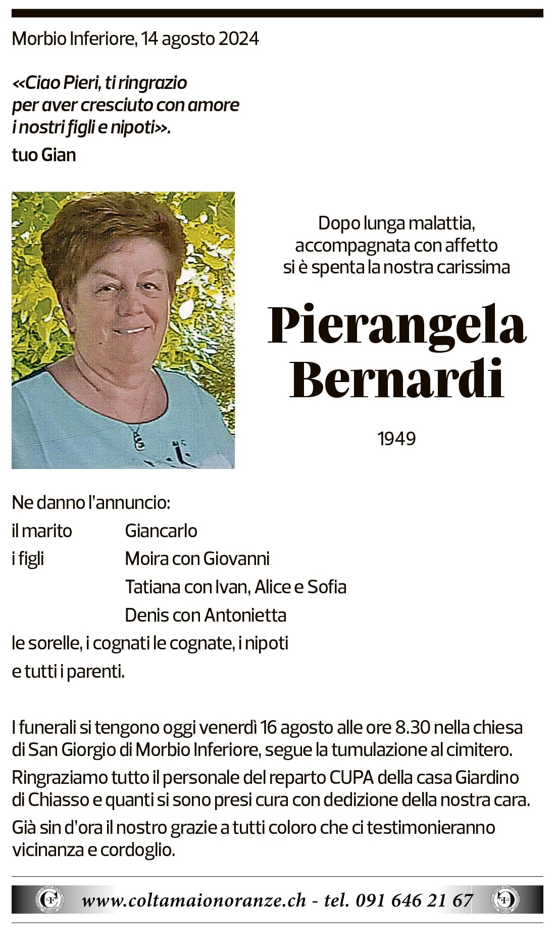 Annuncio funebre Pierangela Bernardi