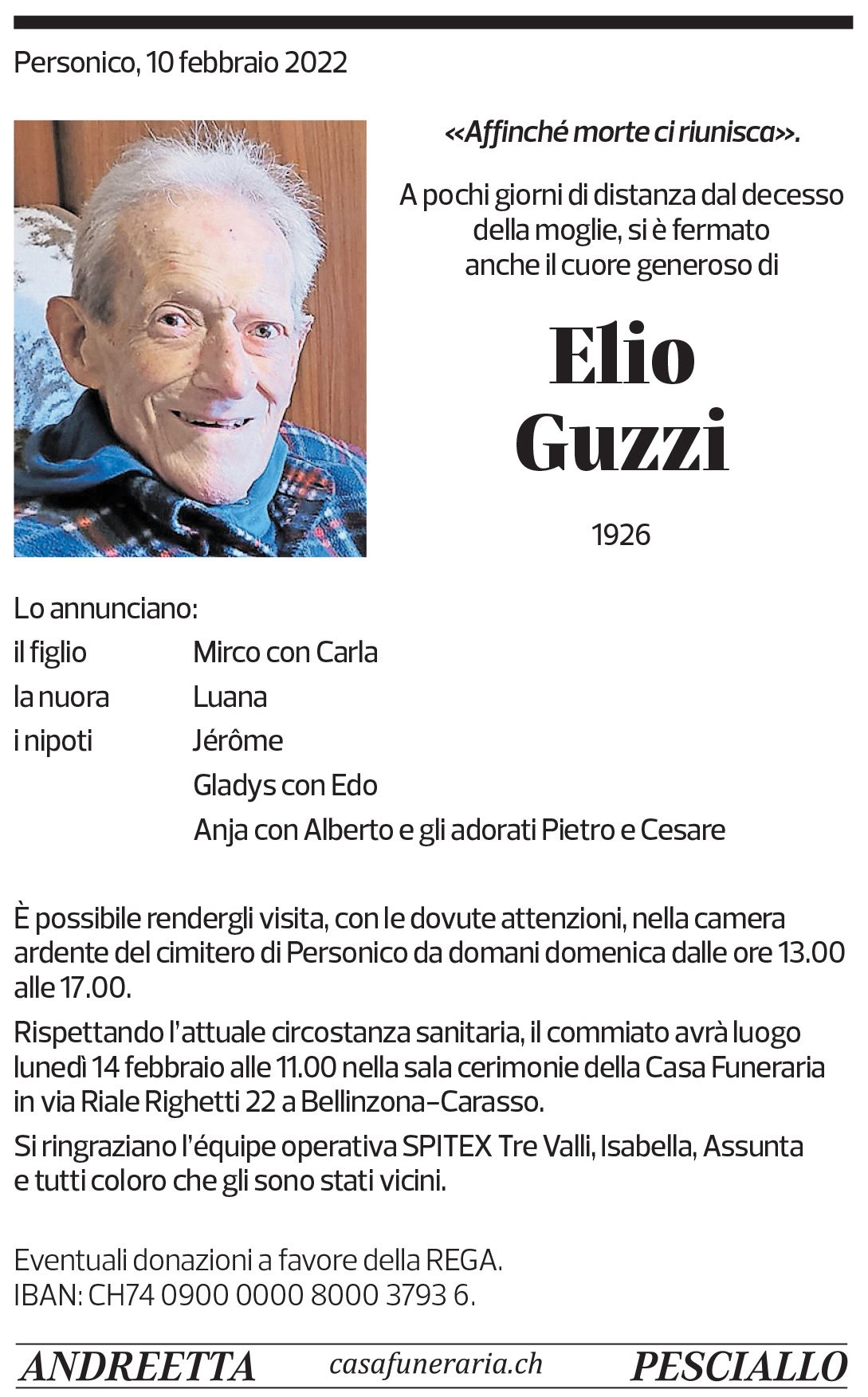 Annuncio funebre Elio Guzzi