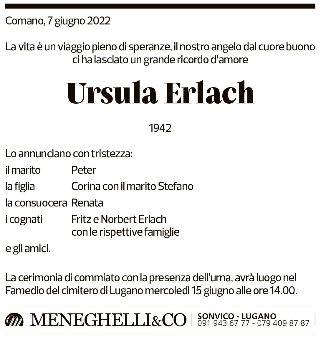 Annuncio funebre Ursula Erlach