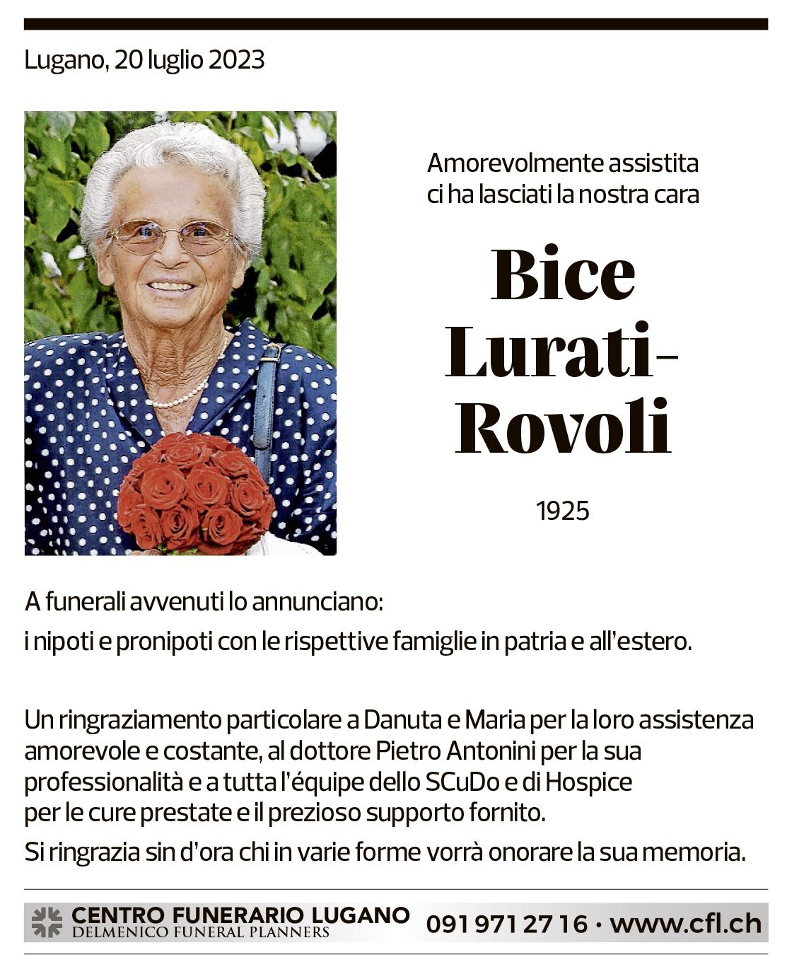 Annuncio funebre Bice Lurati-rovoli