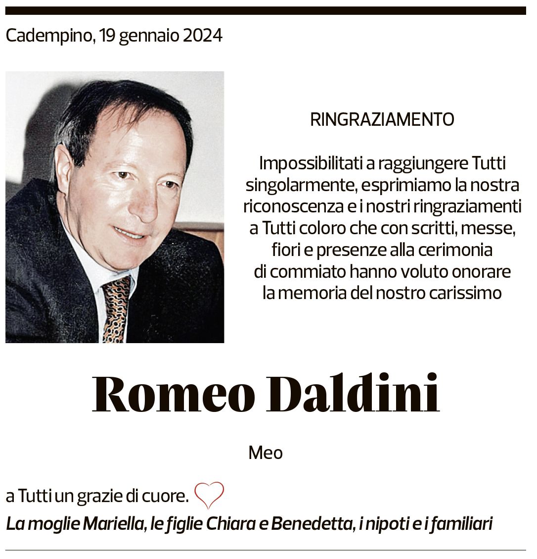 Annuncio funebre Romeo Daldini