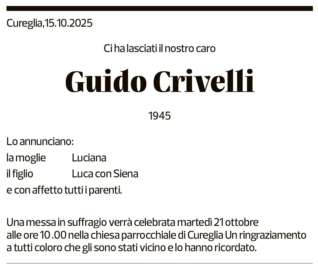 Annuncio funebre Guido Crivelli