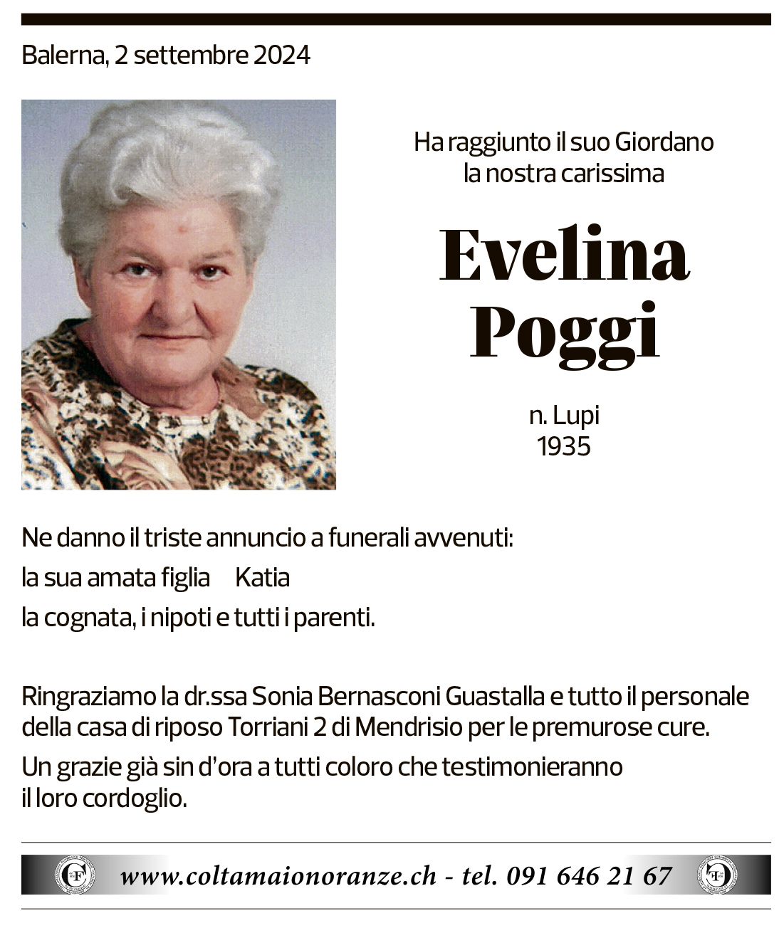 Annuncio funebre Evelina Poggi