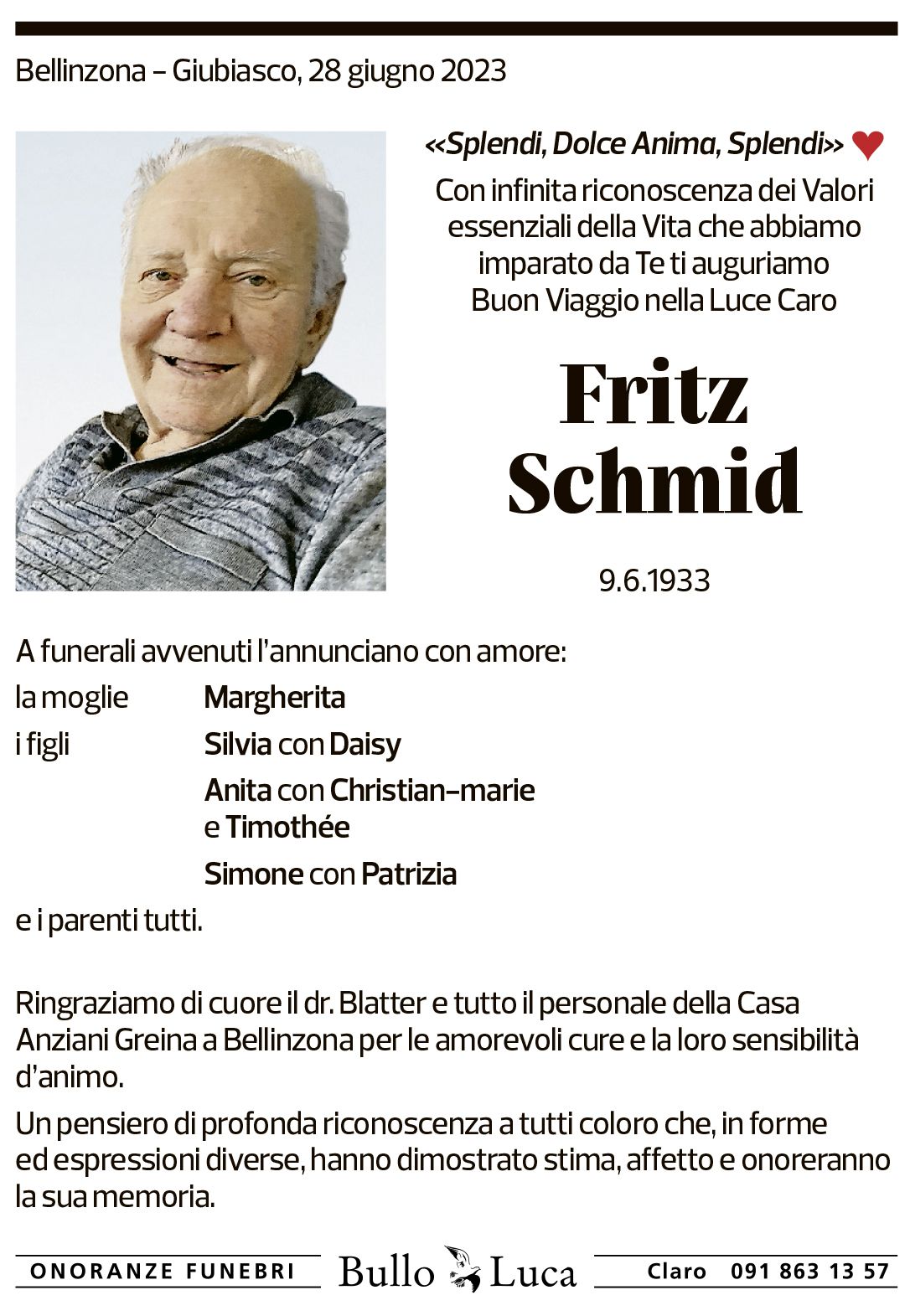 Annuncio funebre Fritz Schmid