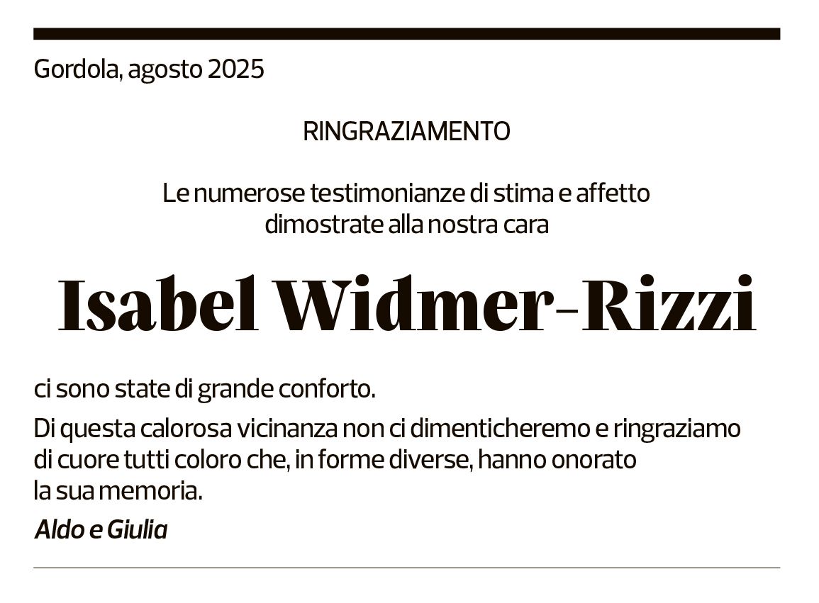 Annuncio funebre Isabel Widmer-rizzi