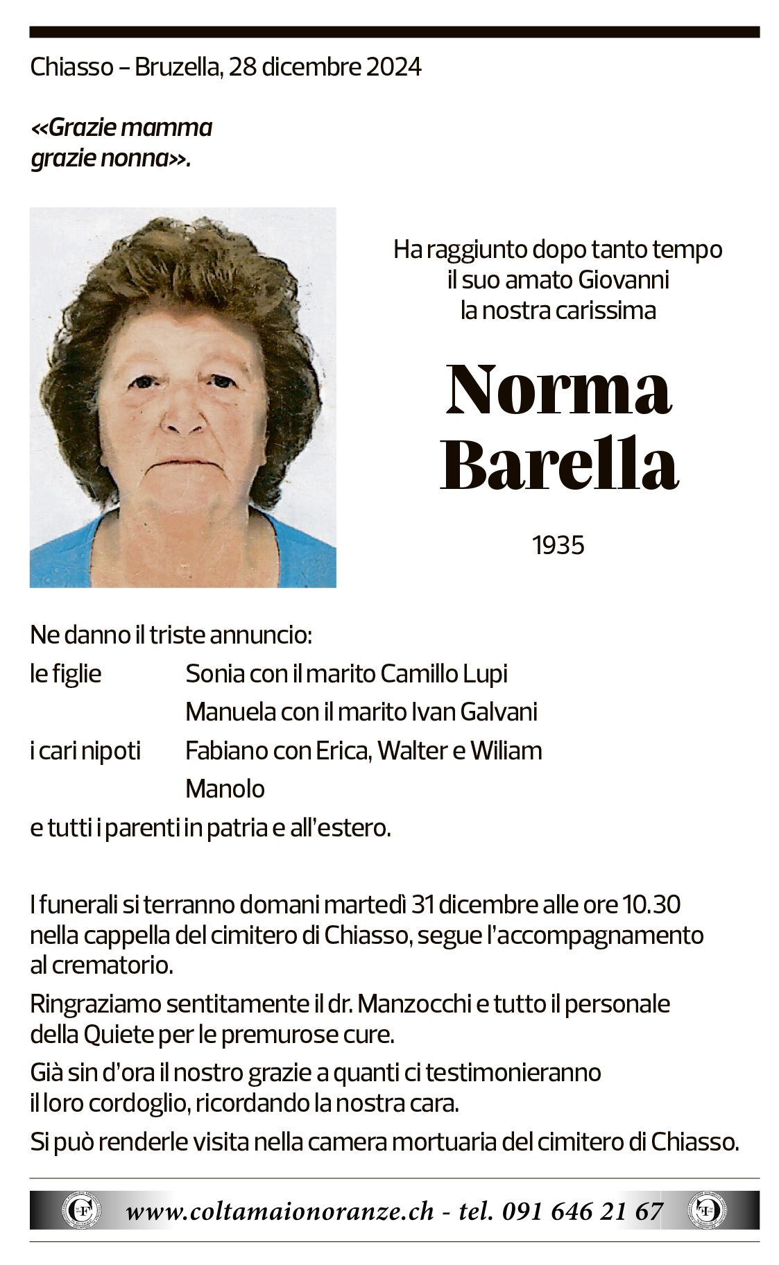 Annuncio funebre Norma Barella