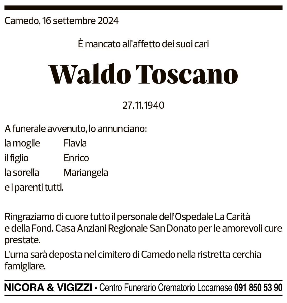 Annuncio funebre Waldo Toscano