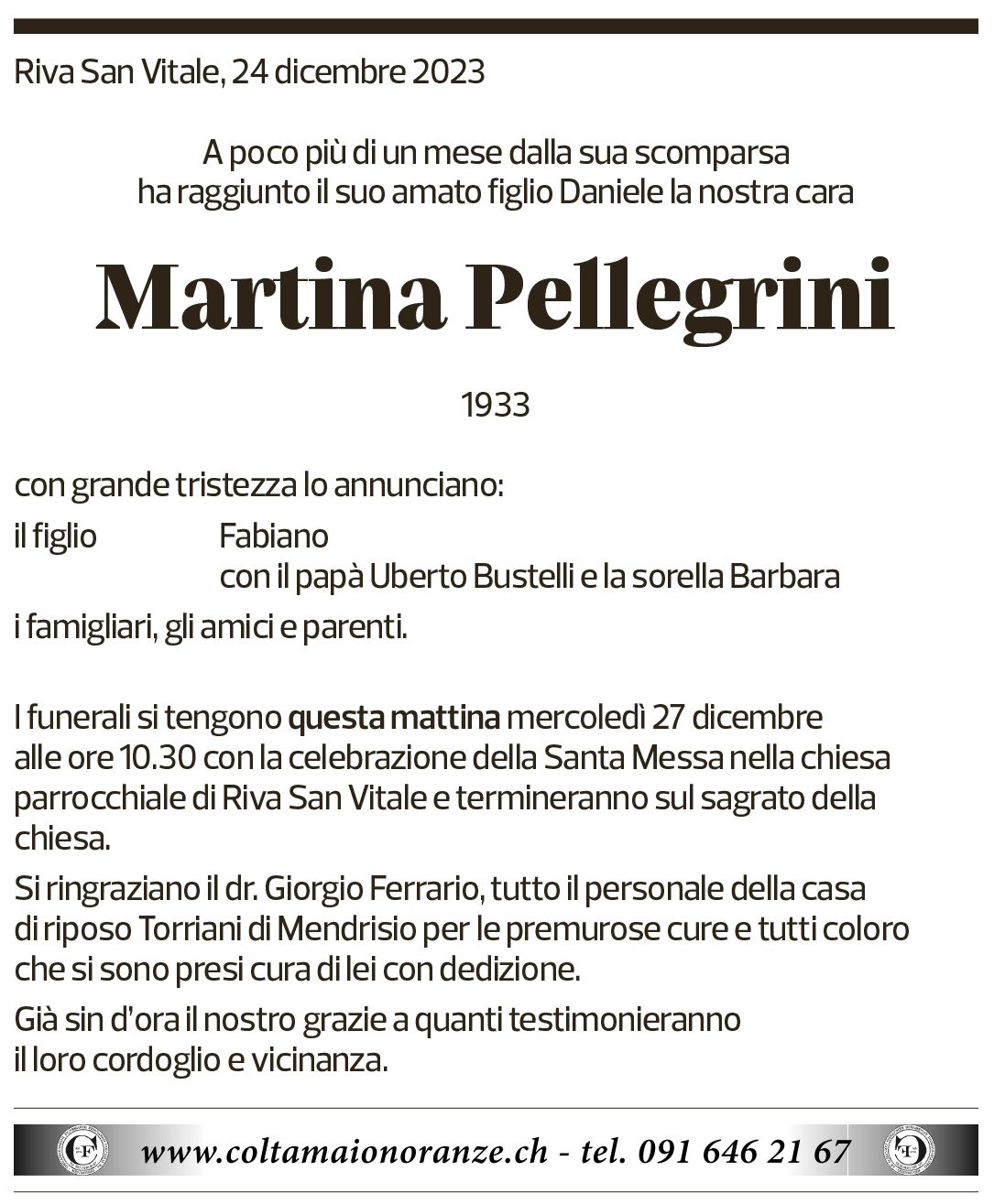 Annuncio funebre Martina Pellegrini