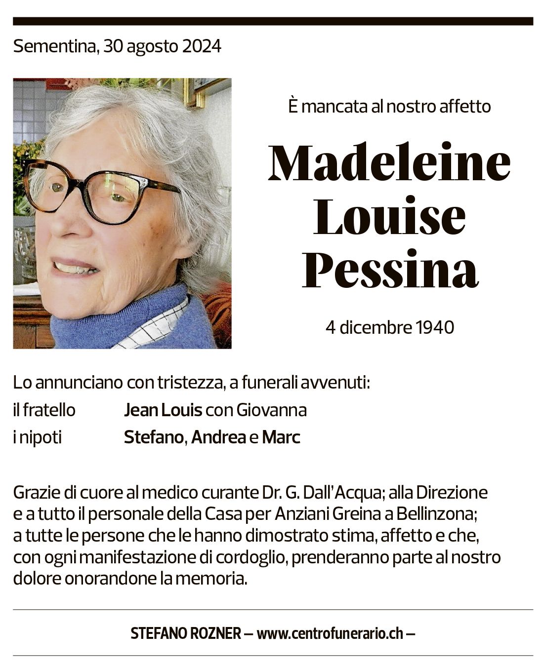 Annuncio funebre Madeleine Louise Pessina