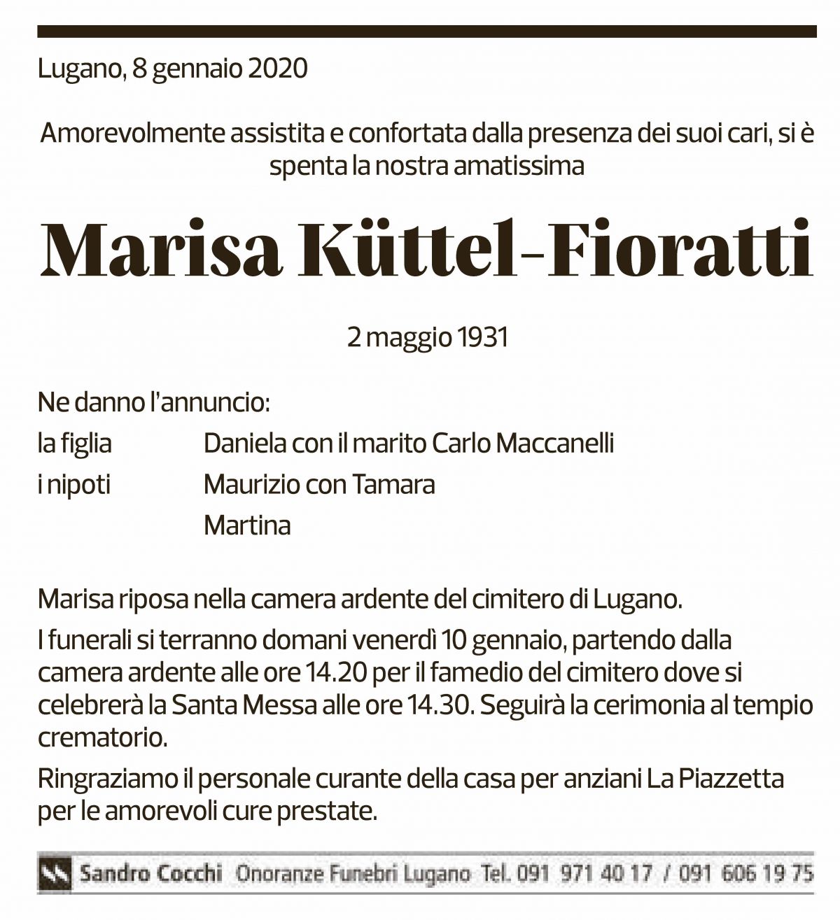 Annuncio funebre Marisa Küttel-fioratti