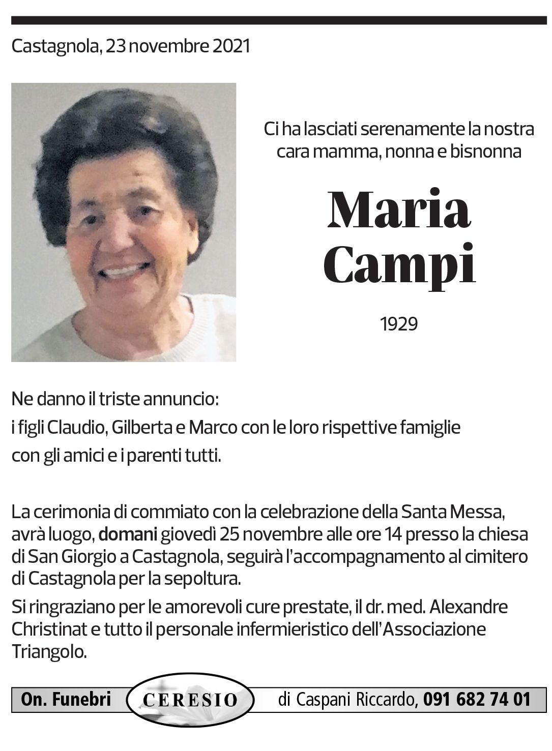 Annuncio funebre Maria Campi