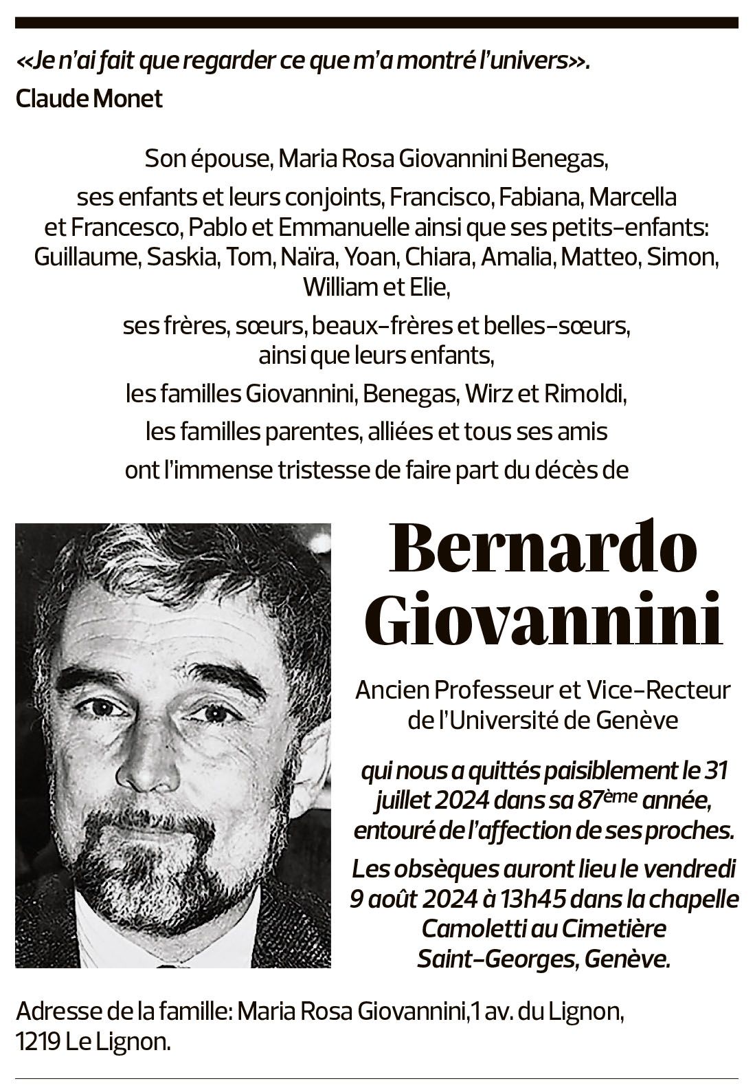 Annuncio funebre Bernardo Giovannini