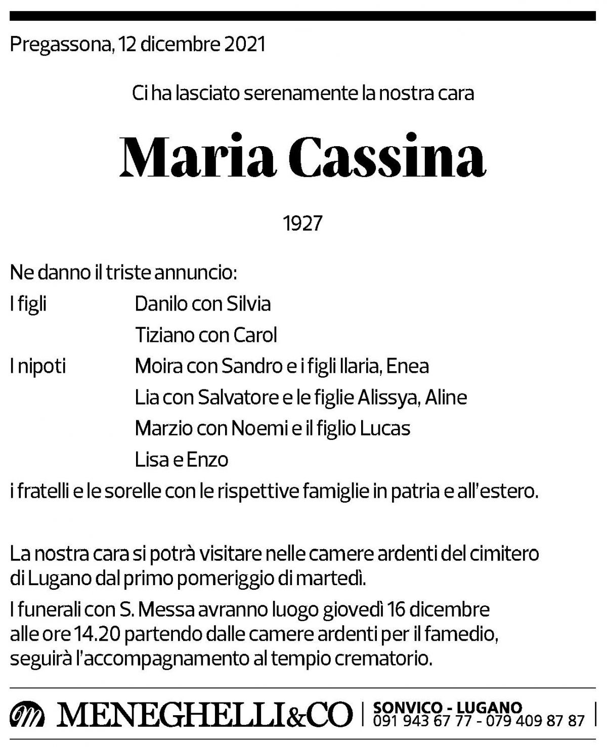 Annuncio funebre Maria Cassina