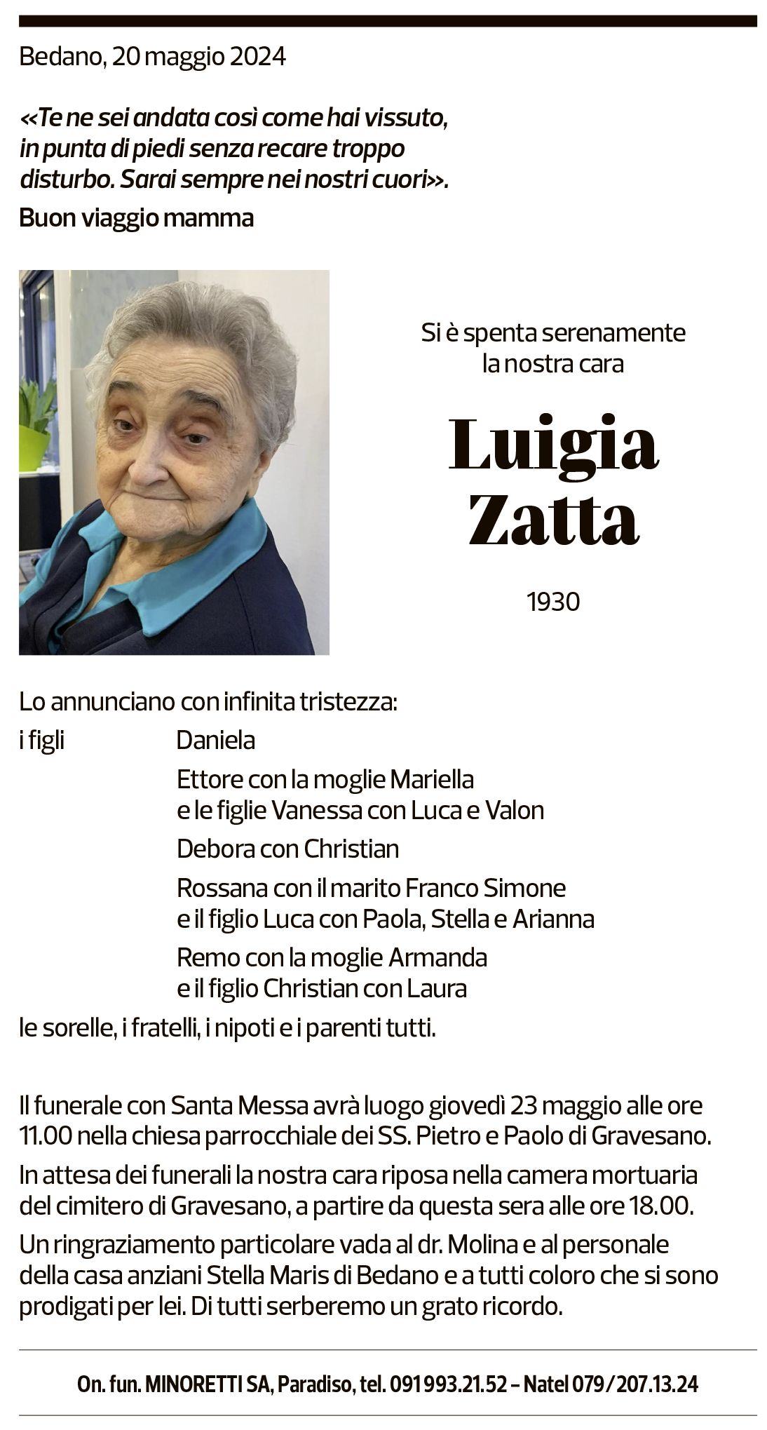 Annuncio funebre Luigia Zatta