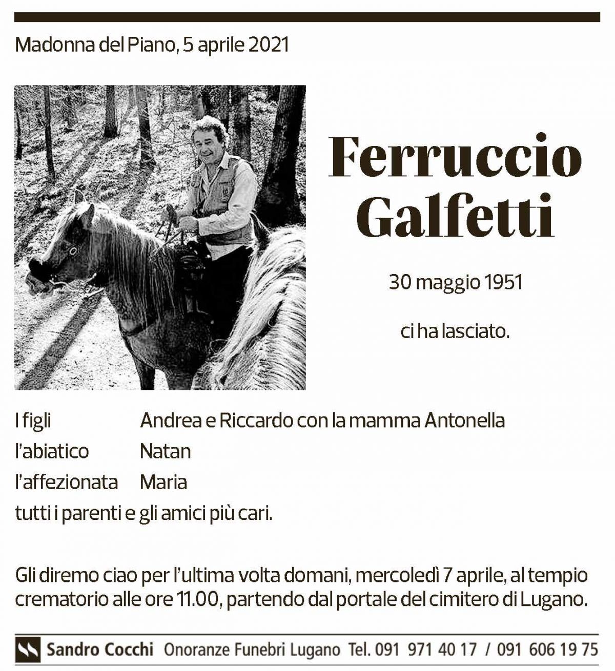 Annuncio funebre Ferruccio Galfetti