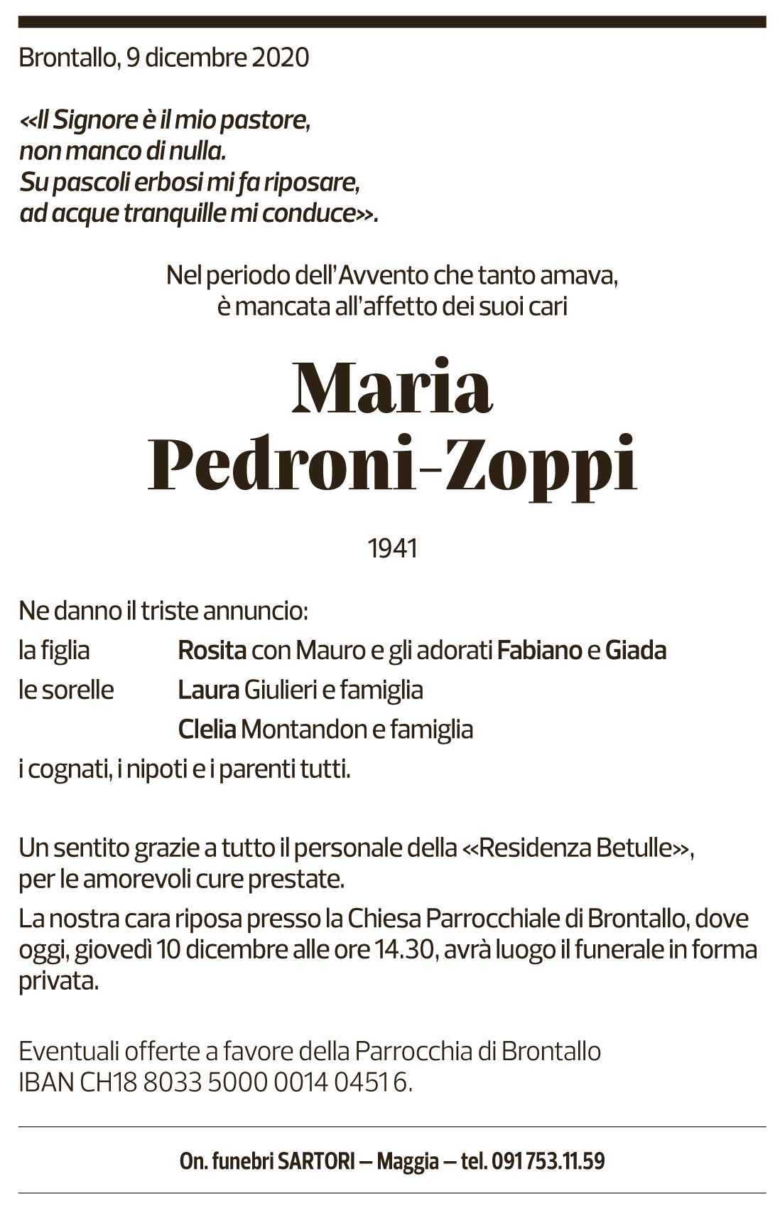 Annuncio funebre Maria Pedroni-zoppi