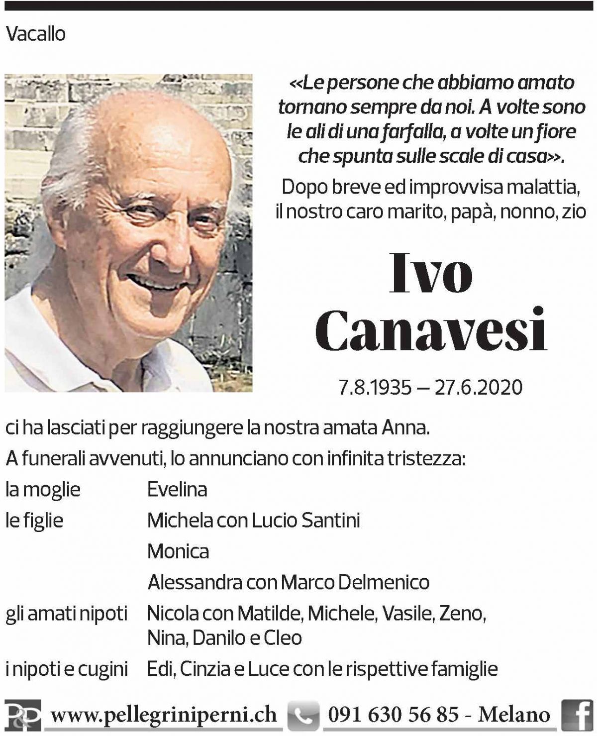 Annuncio funebre Ivo Canavesi