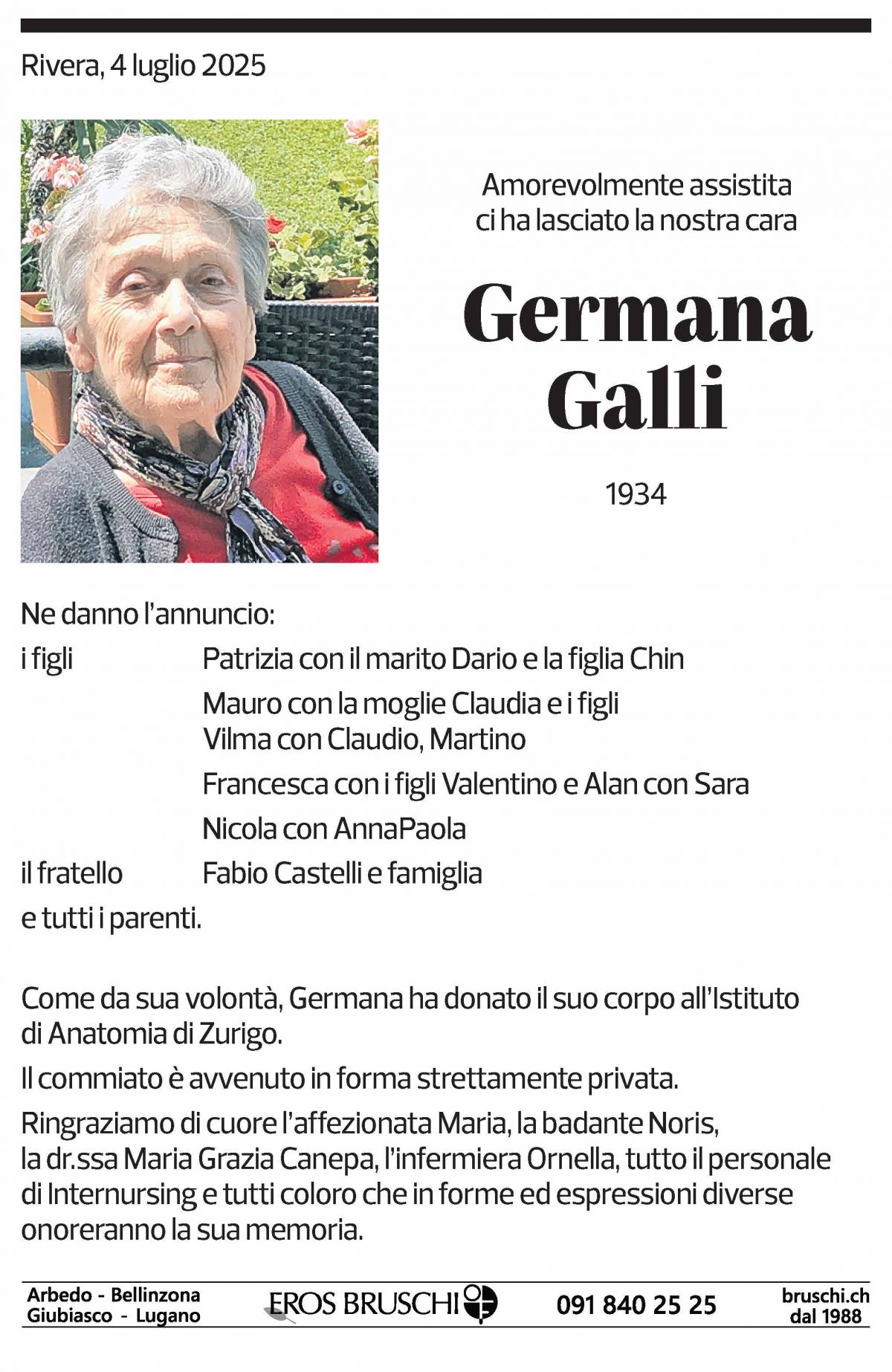 Annuncio funebre Germana Galli