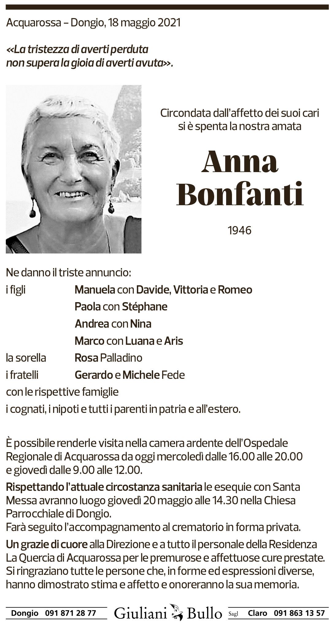 Annuncio funebre Anna Bonfanti