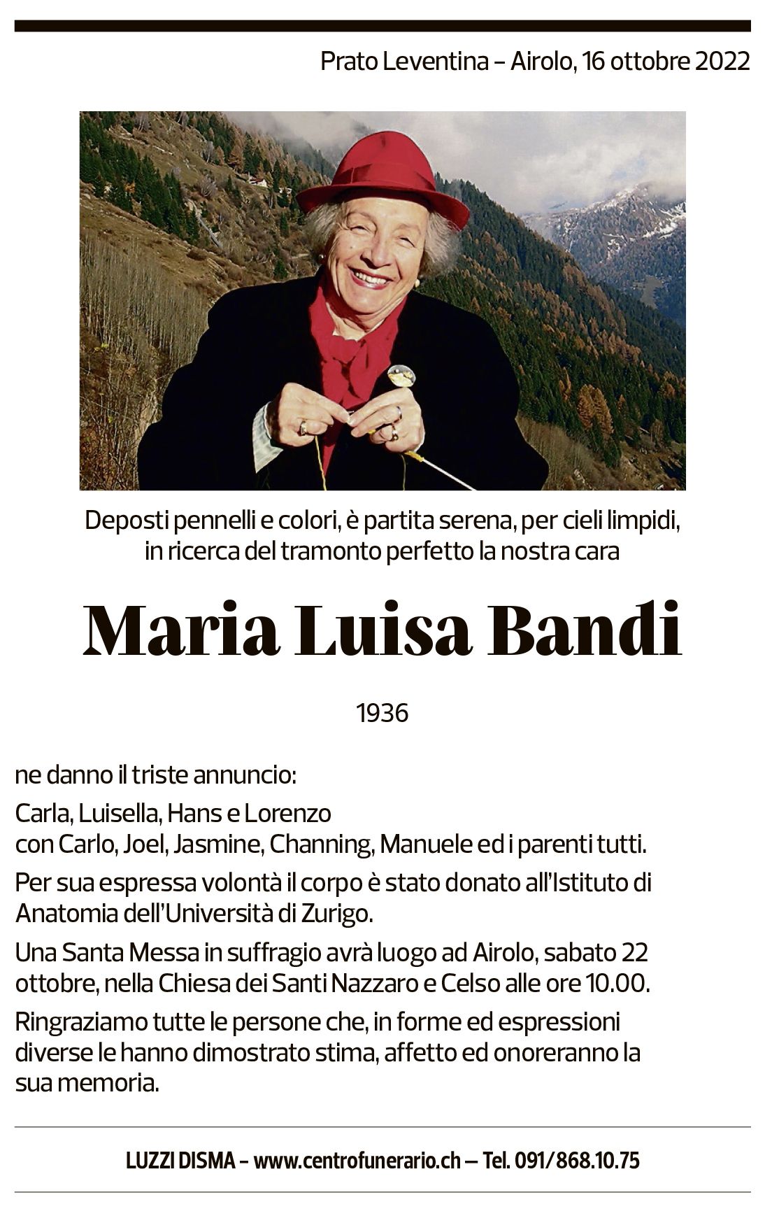 Annuncio funebre Maria Luisa Bandi