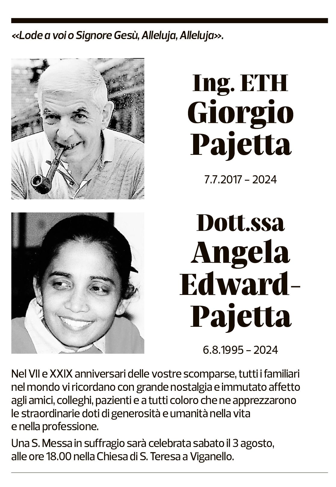 Annuncio funebre Giorgio Pajetta Angela Edward-pajetta