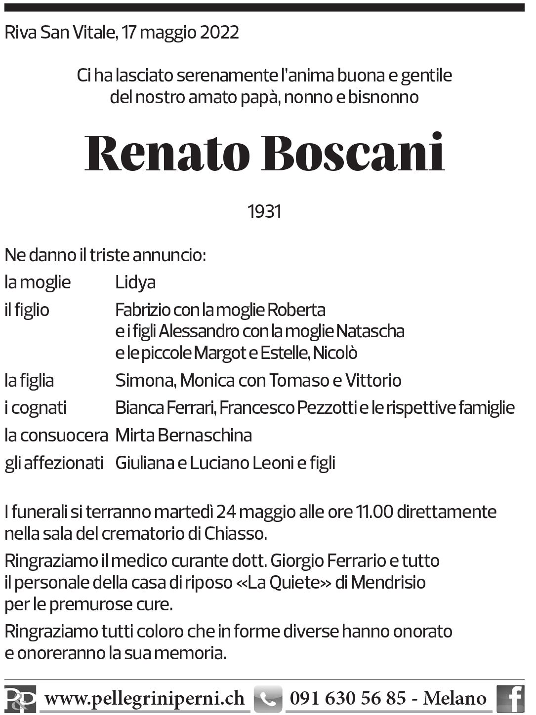 Annuncio funebre Renato Boscani