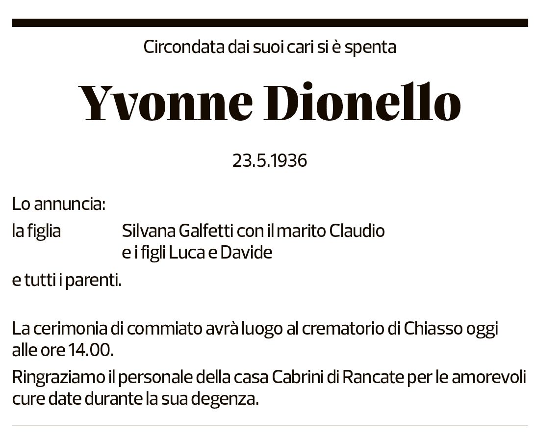 Annuncio funebre Yvonne Dionello