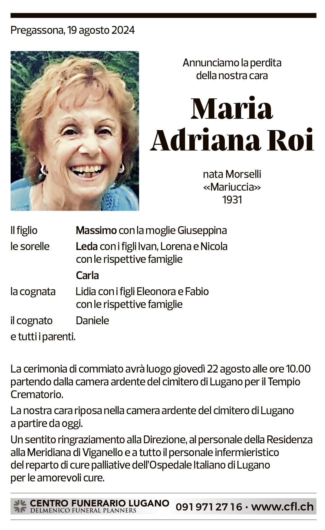 Annuncio funebre Maria Adriana Roi