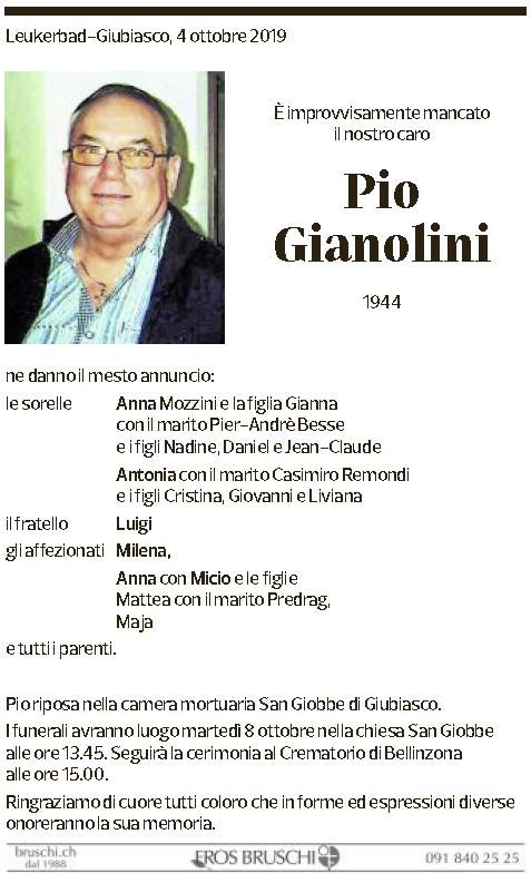 Annuncio funebre Pio Gianolini