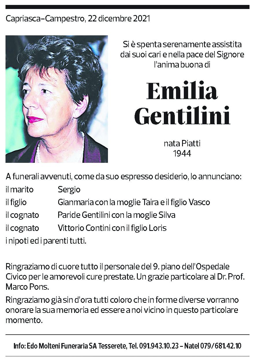 Annuncio funebre Emilia Gentilini